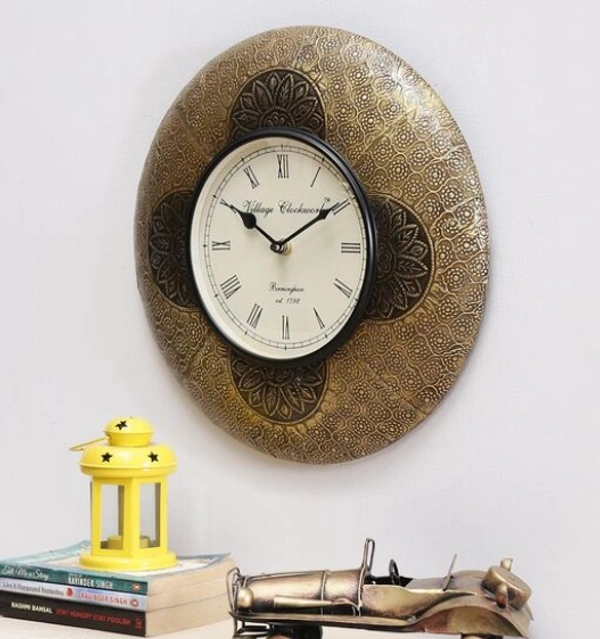 Beautiful Wooden Rajasthani Art Work Wall Clock - Golden/ Black, Wooden, Acrylic/ Decorative Clock, Pack of 1, Round